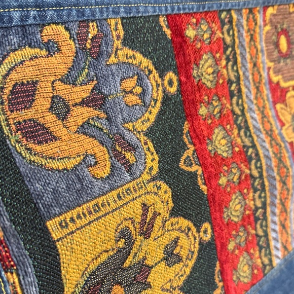 Coldwater Creek Blue Denim Jacket with Red Gold printed Tapestry Large - Picture 8 of 9